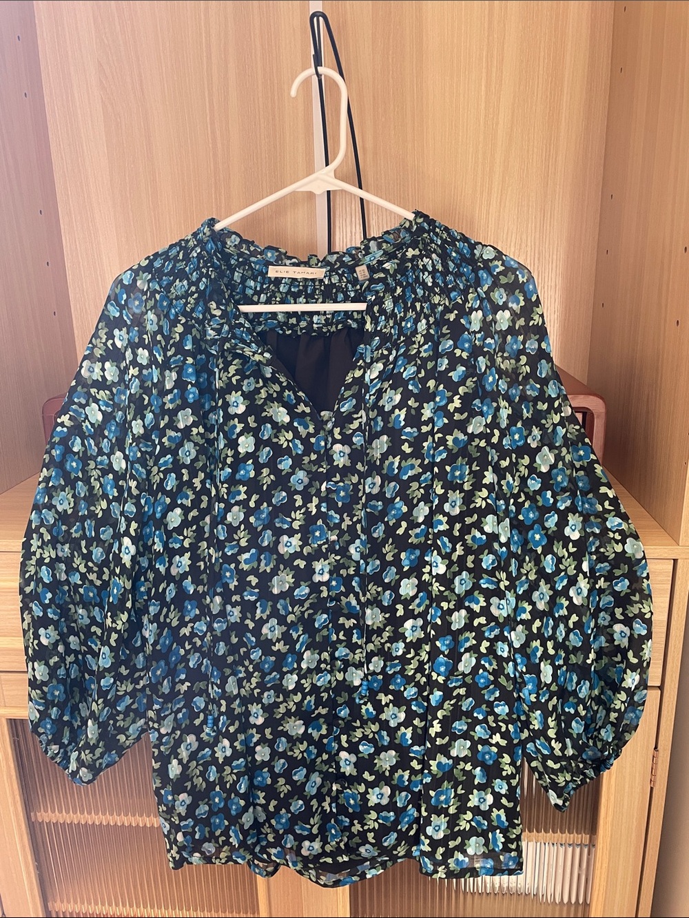 Elie Tahari Black Floral Puff-Sleeve Blouse with Blue and Teal Accents